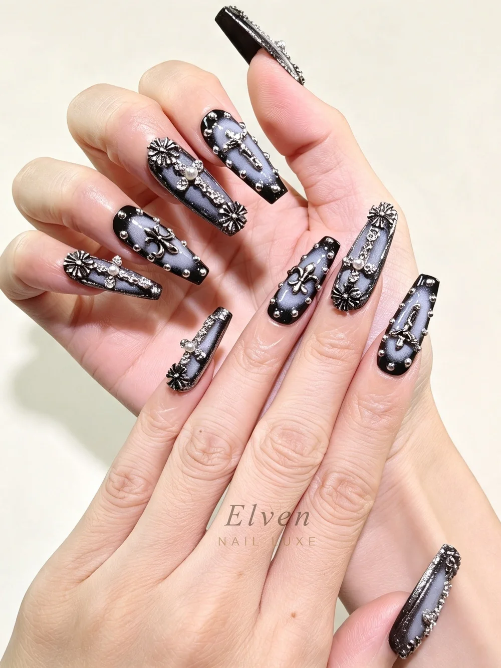Gothic Black Gray Ombre Long Coffin Press On Nails With Cross Daisy Rhinestones